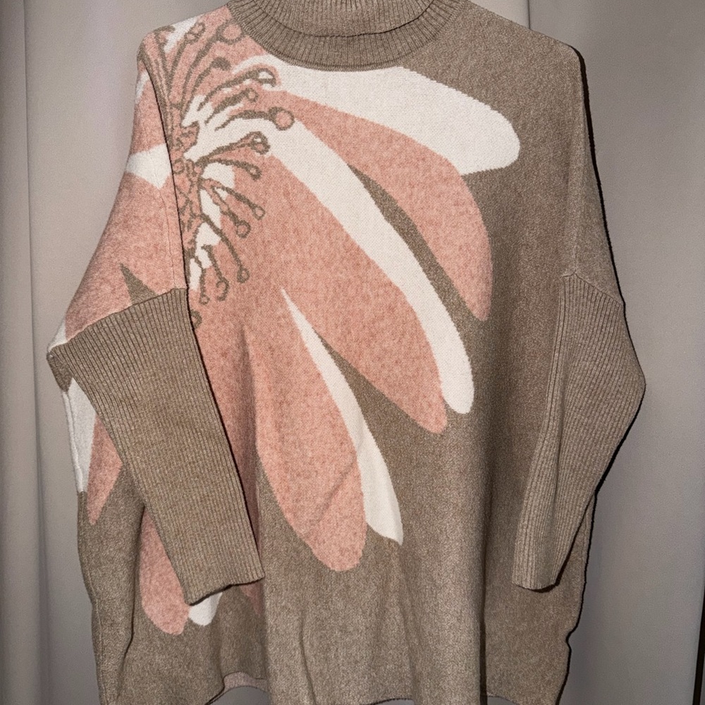 Vtg Women’s Large Jos A Brown Poncho Turtleneck Floral Sweater Cozy Fall Size L